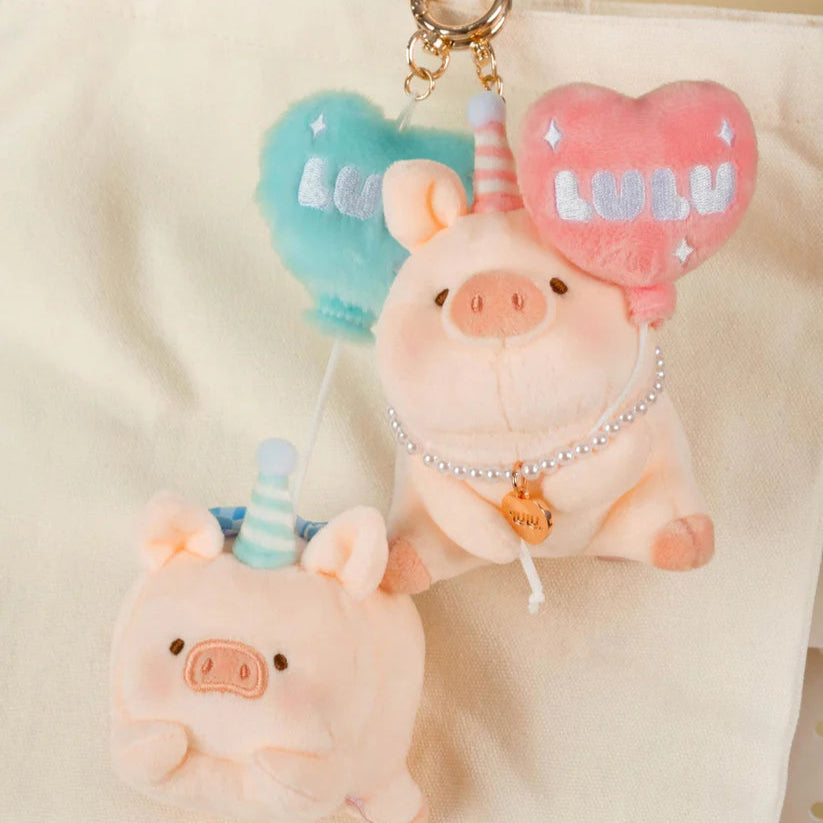 Lulu the Piggy Balloon Plush Keychain with Blue Bow