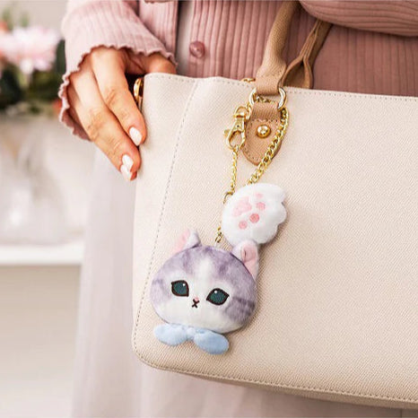 Mofusand Grayish White Cat Face Blue Bow & Paw Charm Keychain