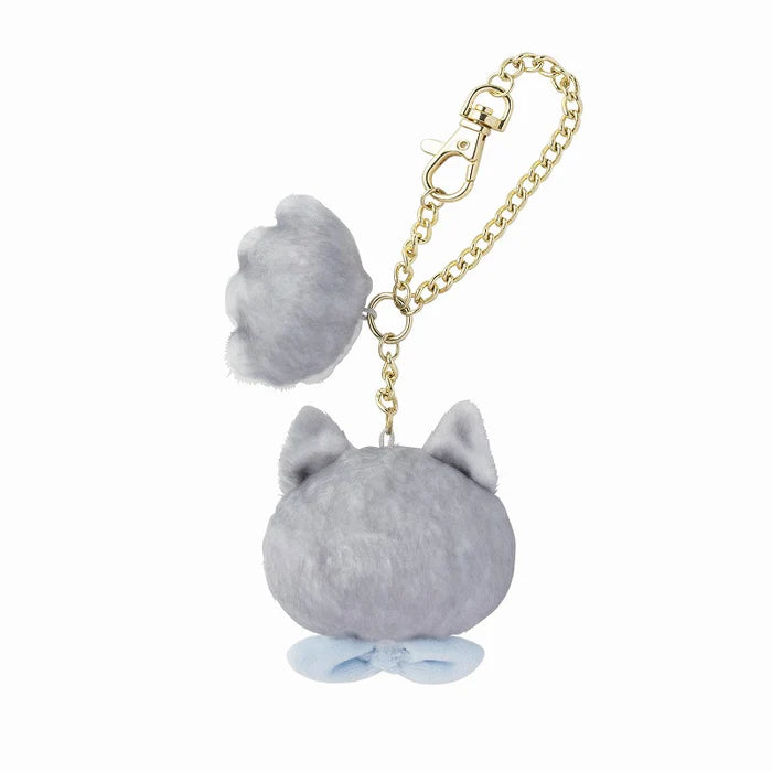 Mofusand Grayish White Cat Face Blue Bow & Paw Charm Keychain