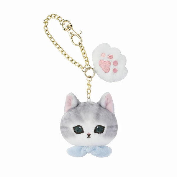 Mofusand Grayish White Cat Face Blue Bow & Paw Charm Keychain