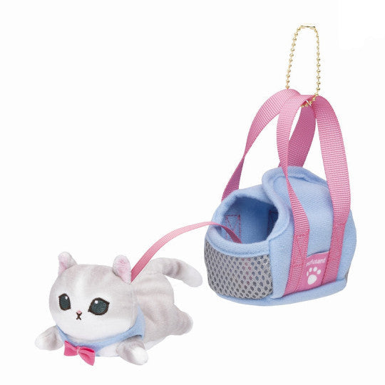 Mofusand Walking Grey and Blue Cat with Carrier Plush Keychain