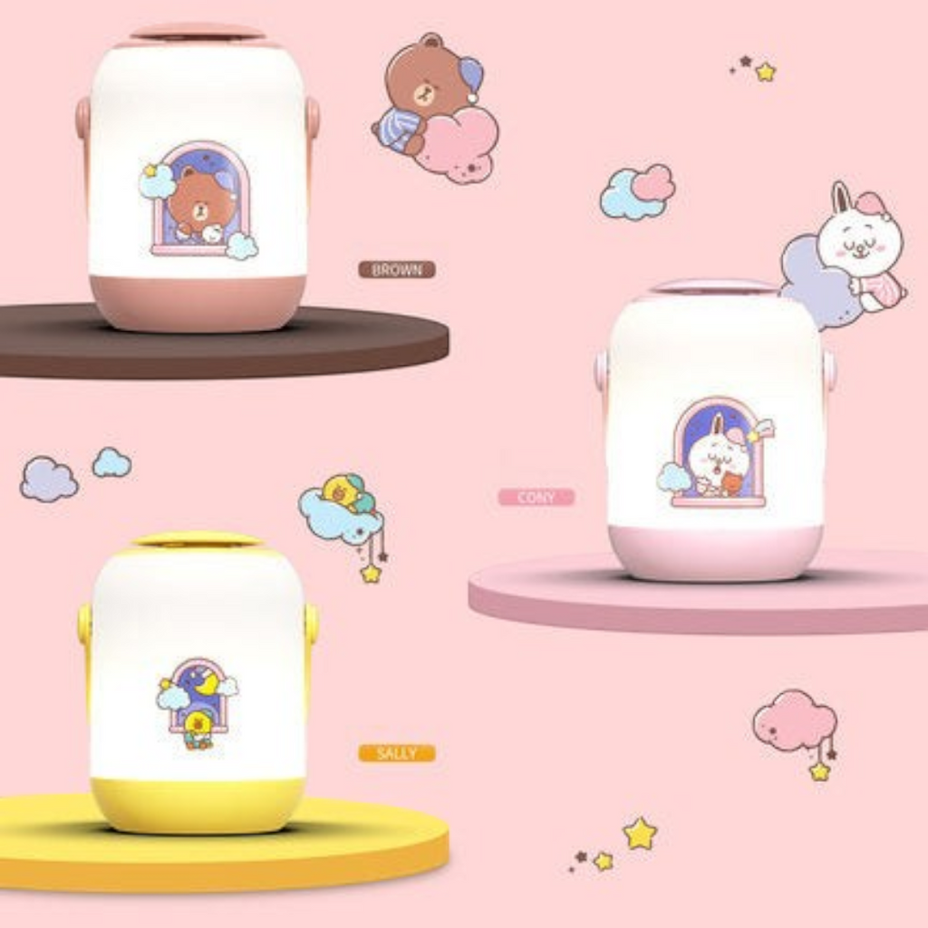 Twinkle Glory Line Friends round LED night lights featuring Brown, Cony, and Sally characters in soft pastel colors.