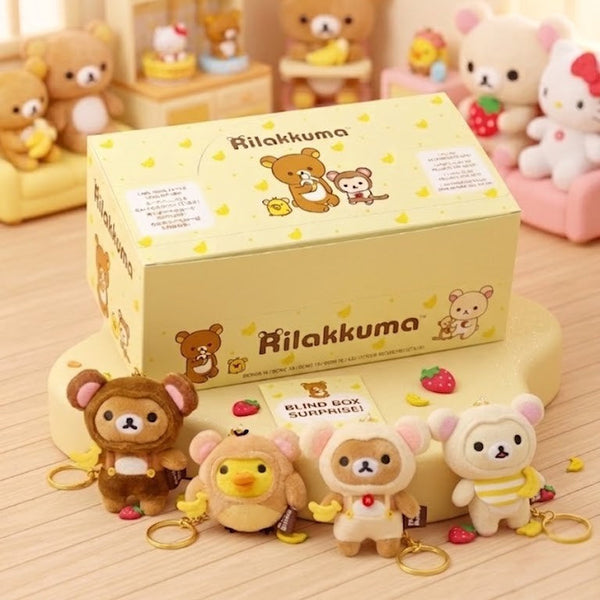 Kilakkuma themed box with plush toys and keychains in a caute room setting