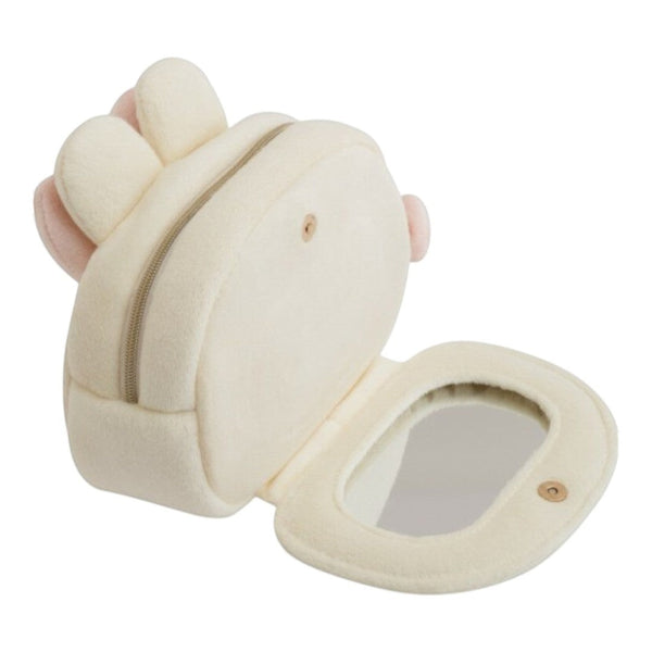 Twinkle Glory San-X Korilakkuma plush pouch with built-in mirror, made of soft polyester in cream with pink accents.