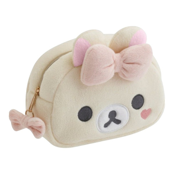 Twinkle Glory San-X Korilakkuma plush pouch with a built-in mirror and pink bow details. Soft cream-colored polyester.