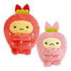 Two cute plush character toys shaped like round characters in red and pink outfits, each with a yellow face and small green leaf accents on top, shown on a plain white background.