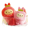Twinkle Glory San-X Ebiten and Ebifurai no Shippo strawberry-themed polyester plush set in a glass bowl