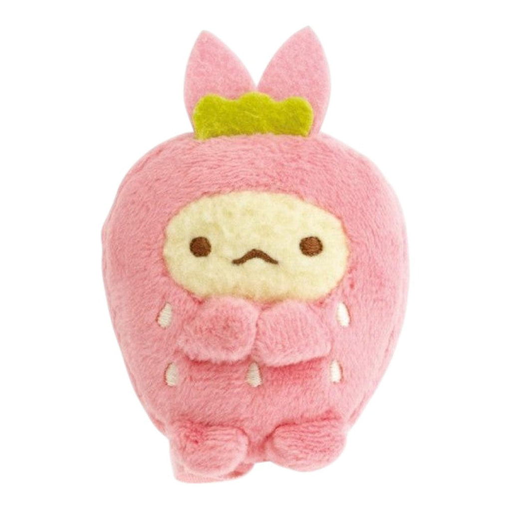 Twinkle Glory San-X Sumikko Gurashi Ebifurai no Shippo plush dressed in a pink strawberry costume made of polyester