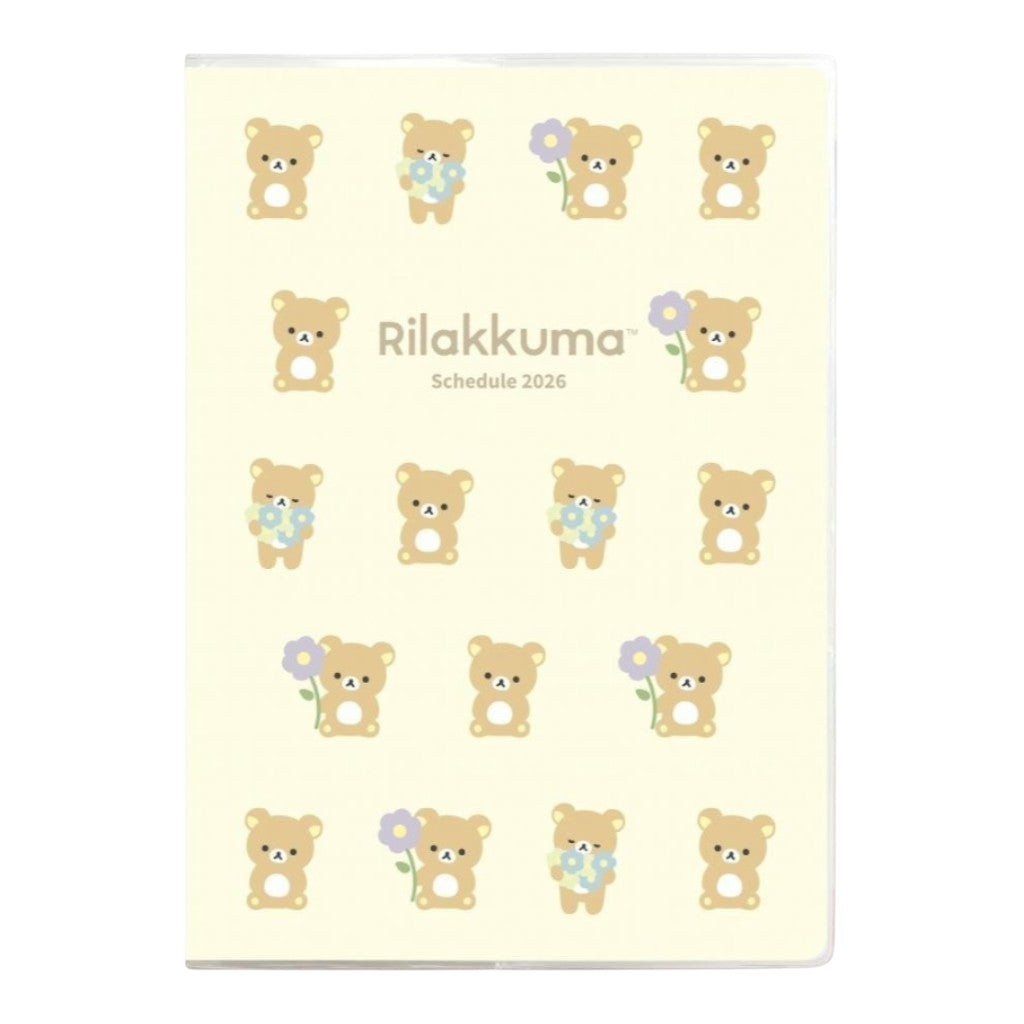 Rilakkuma-themed planner cover with bear illustrations on a light yellow background