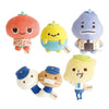Five cute plush character toys arranged on a plain white background. The characters resemble stylized fruits or vegetables in simple clothing, including peach, yellow, blue, cream, and tan tones.