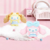 Twinkle Glory Sanrio Cinnamoroll Sweets Friends fluffy plush bag charms featuring pastel yellow and pink designs.