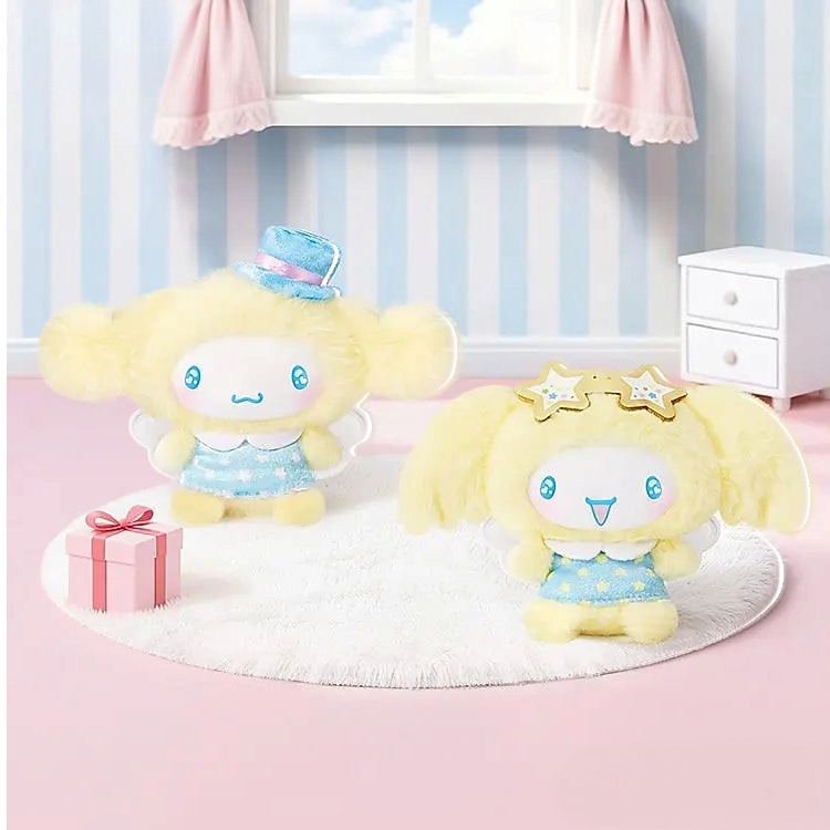 Twinkle Glory Sanrio Cinnamoroll Sweets Friends fluffy plush bag charms with yellow fur and blue outfits