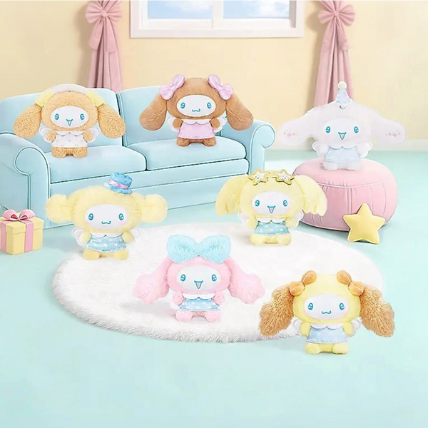 Twinkle Glory Sanrio Cinnamoroll Sweets Friends fluffy plush bag charms in various pastel outfits and poses.