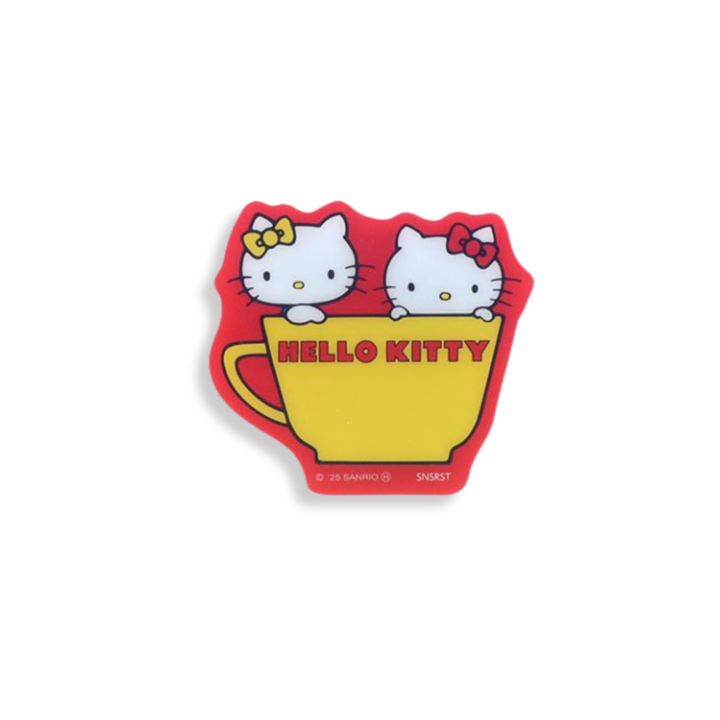 Hello Kitty mug-shaped magnet with two cats inside on a white background