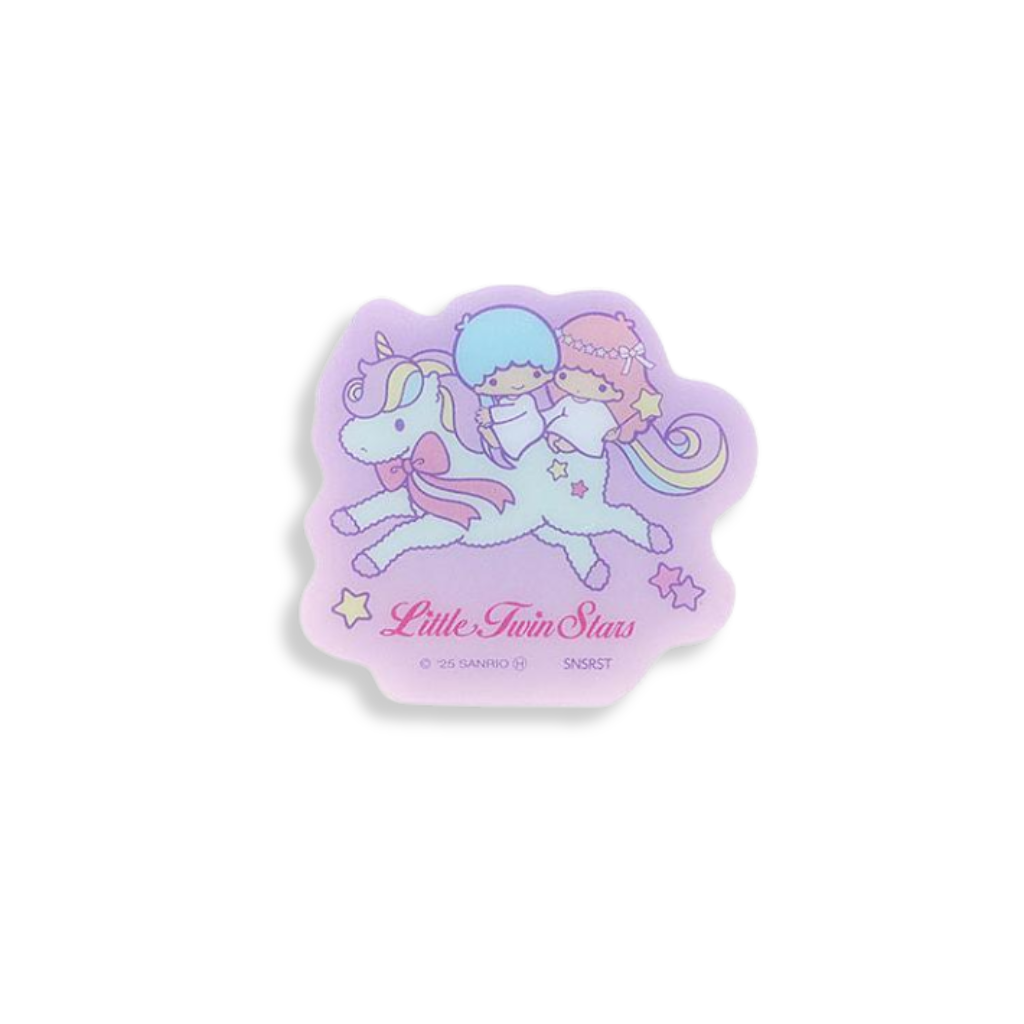 Sticker of Little Twin Stars riding a unicorn with 'Little Twin Stars' text on a light purple background