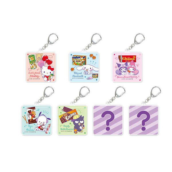 Six square acrylic keychains with silver keyrings are arranged on a white background. Four keychains feature Sanrio character illustrations (Hello Kitty, My Neighbor Totoro, Kuromi, and Woody), while the other two have purple striped backgrounds with question marks.