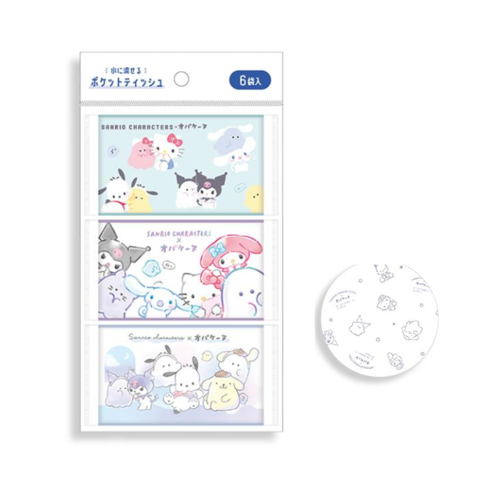 Sanrio Characters x Obakenu Flushable Pocket Tissues 6 Pack Set