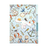 A light blue notebook or planner cover decorated with a whimsical nautical and teddy bear theme, featuring illustrations of bears, anchors, seashells, stars, and a sailing ship.