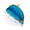 Small clutch bag with gold frame and blue interior on a white background