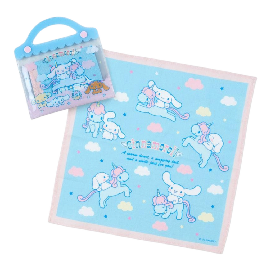 A set of Sanrio Cinnamoroll handkerchief and case, featuring cute cartoon design with pastel colors.
