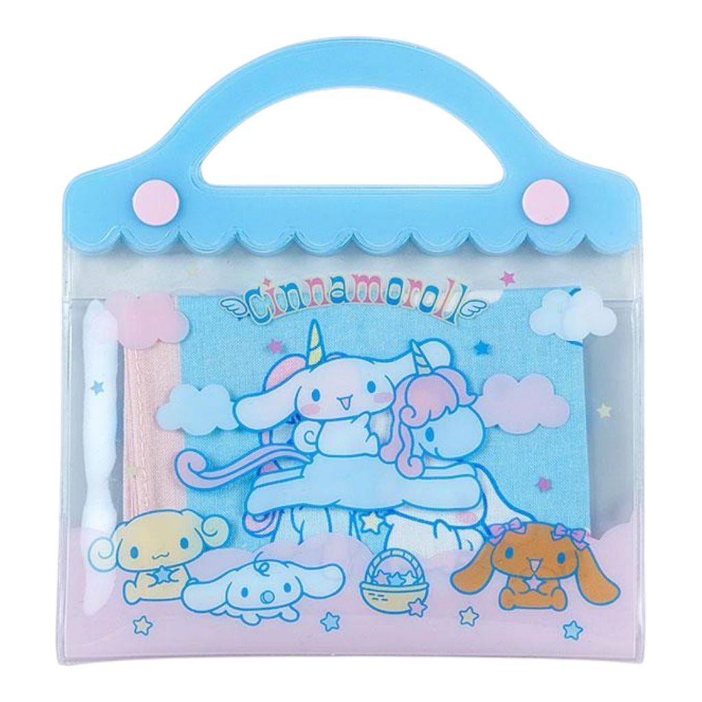 Twinkle Glory Sanrio Cinnamoroll cotton handkerchief inside a clear PVC storage case with a blue handle.