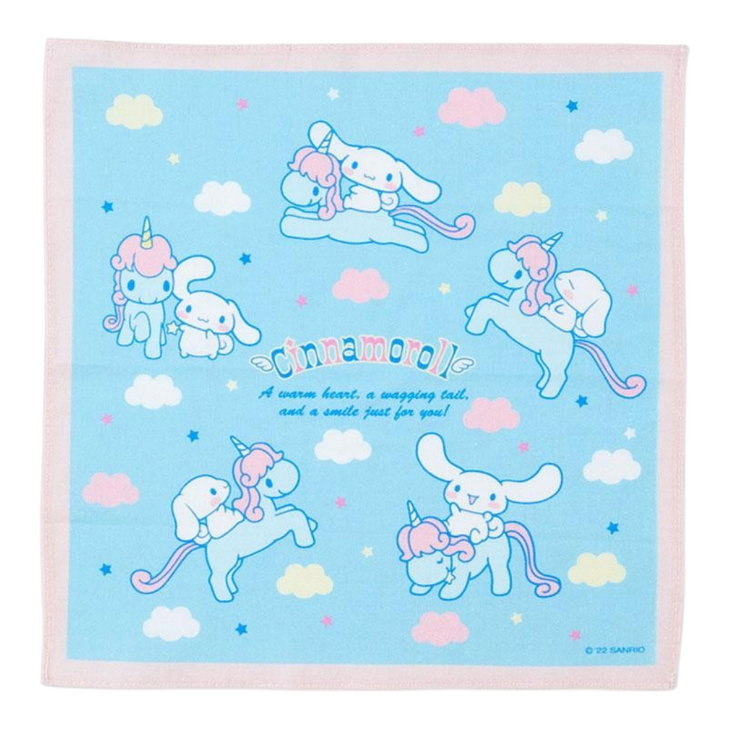 Twinkle Glory Sanrio Cinnamoroll cotton handkerchief featuring a blue background with unicorn and cloud patterns