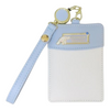 Light blue and white pouch with strap and gold accents on a white background