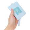 Light blue cardholder with a visible brand logo held by a hand on a white background