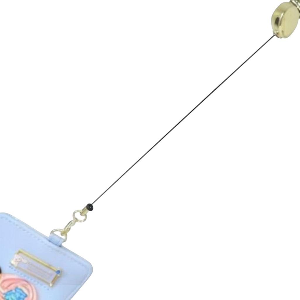 Twinkle Glory Sanrio Cinnamoroll card holder in light blue with a retractable badge reel and secure clip