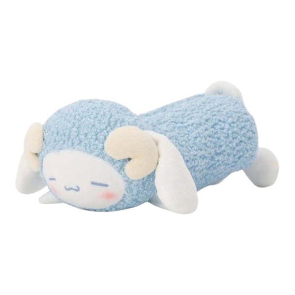 A light blue textured plush toy shaped like a sleeping sheep or lamb, with cream-colored ears, white feet, and a white face with a small pink blush.
