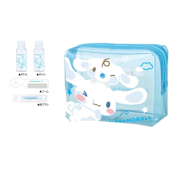 A clear light-blue zippered pouch with a Cinnamoroll character print, shown alongside two small hand sanitizer bottles, a thermometer, and a comb on a plain white background.