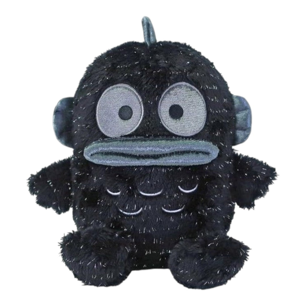 Black plush toy with gray accents on a white background
