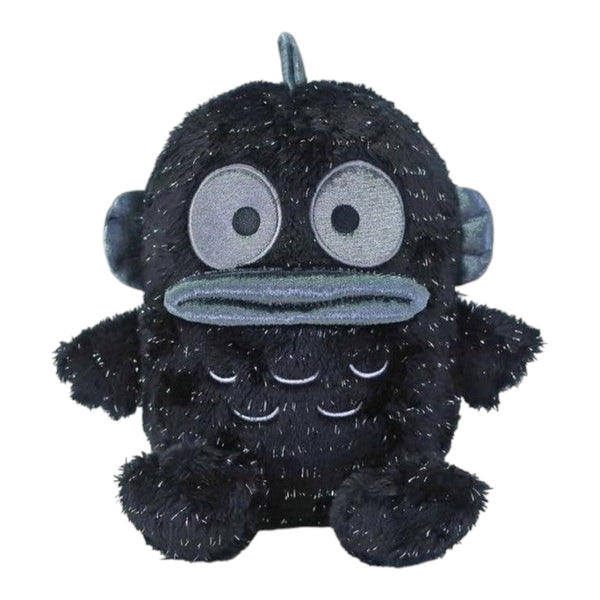 Black plush toy with gray accents on a white background