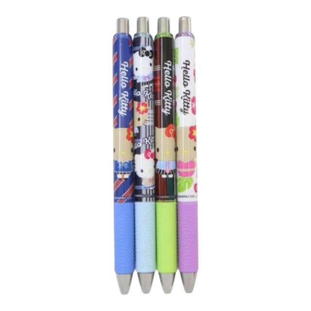 Four Hello Kitty retractable gel pens in different colors (blue, light blue, green, and purple) with silver metal tips, arranged vertically on a white background.