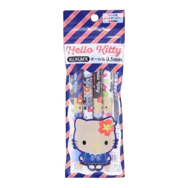 A package of three Hello Kitty all-black ballpoint pens with floral patterned barrels, displayed in its original retail blister pack featuring a Hello Kitty illustration.