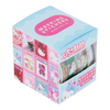 A cube-shaped Hello Kitty themed packaging box for a roll of masking stickers, featuring a light blue top, pink accents, and various character illustrations on the sides.