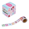 A roll of Hello Kitty washi tape shown unrolled in front of its light blue and pink retail box on a plain white background.