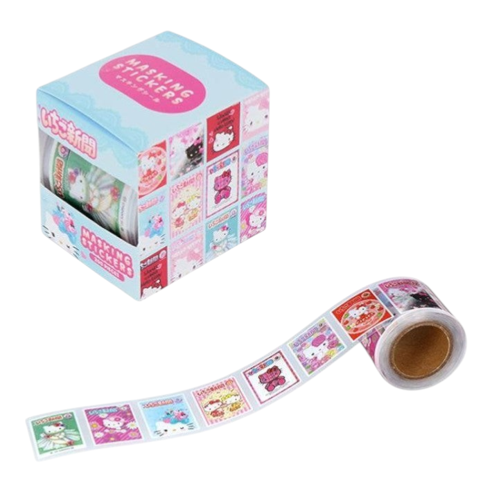 A roll of Hello Kitty washi tape shown unrolled in front of its light blue and pink retail box on a plain white background.