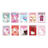 A set of ten Hello Kitty themed cards or stickers arranged in two rows of five on a plain white background. Each card features a different pastel Hello Kitty illustration with pink, red, blue, and green tones.