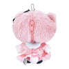 A pink plush character keychain or pouch shown from the back, featuring fluffy pink fur, a pink zipper, a silver ball chain, and a ruffled pink skirt with white pom-poms.