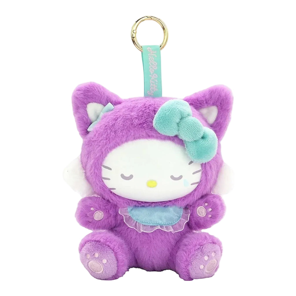 Purple plush keychain with a bow on a white background