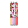 Four Hello Kitty retractable mechanical pencils with silver metal tips and caps, featuring different animal print patterns (leopard, zebra, and cheetah) and pastel-colored barrels in yellow, pink, lavender, and coral.