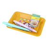 A yellow Metal tray holding two pastel pens, a small roll of patterned washi tape, and a Hello Kitty card on a white background.