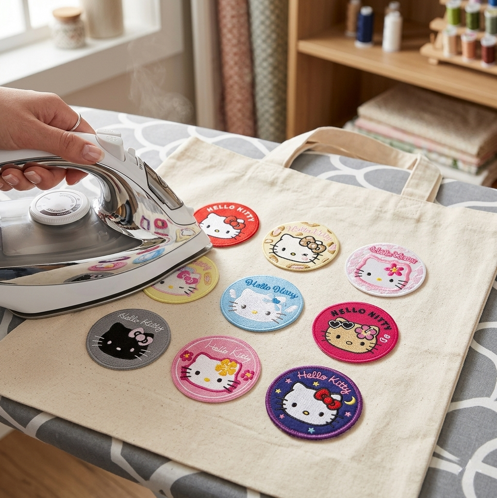Person ironing Hello Kitty coasters onto a tote bag on an ironing board.