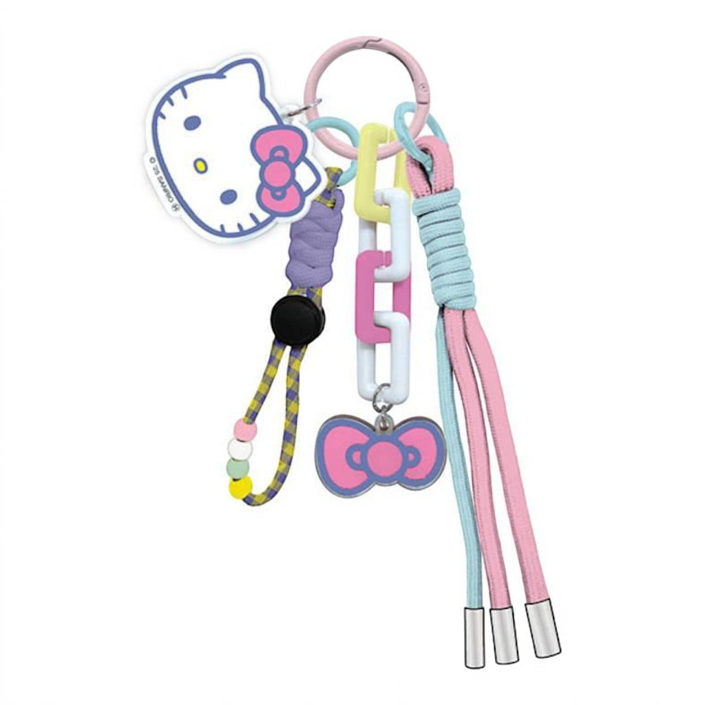 A pastel Hello Kitty keychain bag charm set featuring a Hello Kitty face cutout, pink and blue braided cords, a bow charm, and colorful plastic links on a white background.