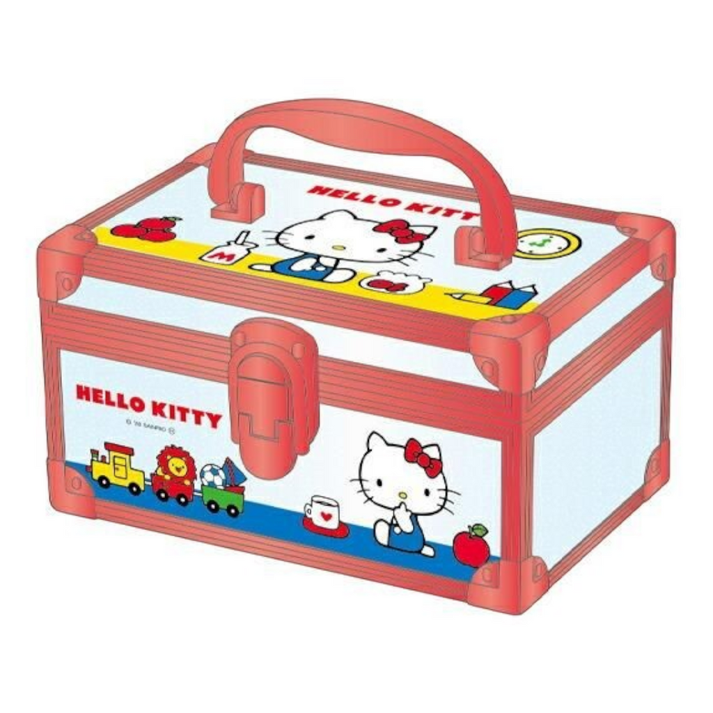 A red Hello Kitty metal lunch box with a carrying handle, featuring Hello Kitty illustrations and colorful toy-themed graphics on a white background.