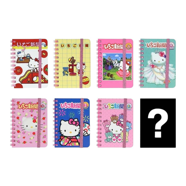 Eight small spiral-bound Hello Kitty notebooks or planner covers are arranged in two rows on a white background, with a large black square containing a white question mark in the bottom-right corner.