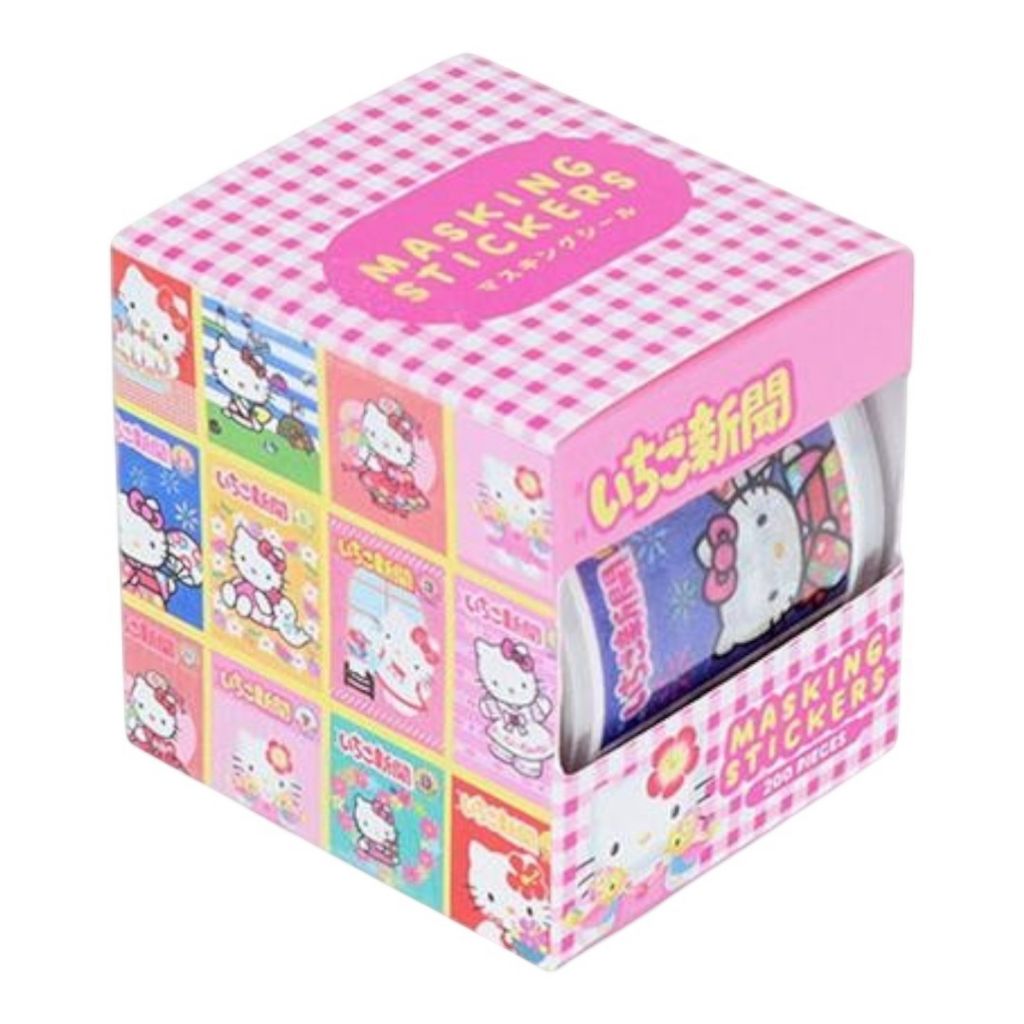 A pink Hello Kitty themed masking sticker set in a square box with a pink gingham pattern, featuring a clear window showing a roll of stickers inside.