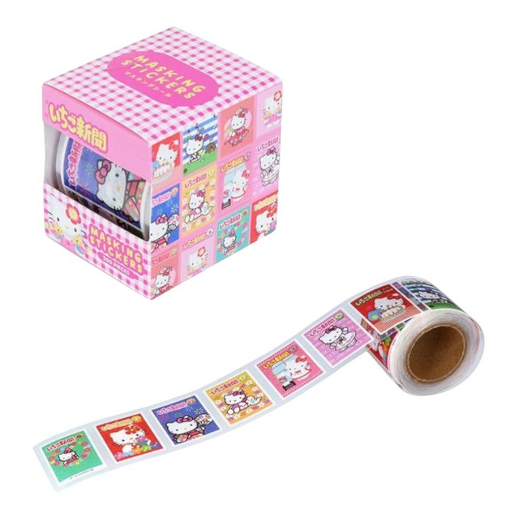 Hello Kitty themed washi tape roll shown next to its pink gingham retail box on a white background.