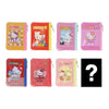 Six Hello Kitty zippered coin purses in different pastel and bright colors are arranged in two rows on a white background, with a black square containing a large question mark in the bottom right corner.